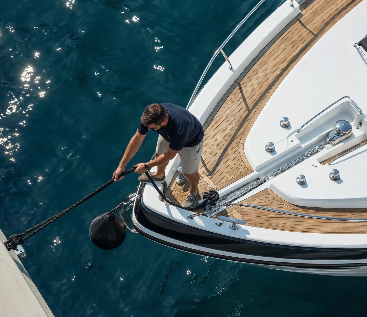 Navegante amarrando una embarcación a motor en el puerto